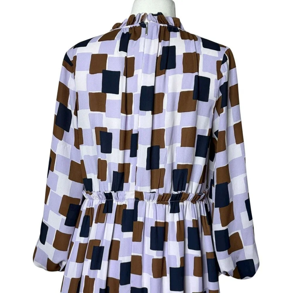 Kate Spade Dress Long Sleeve Geo Square Purple Brown Size 8